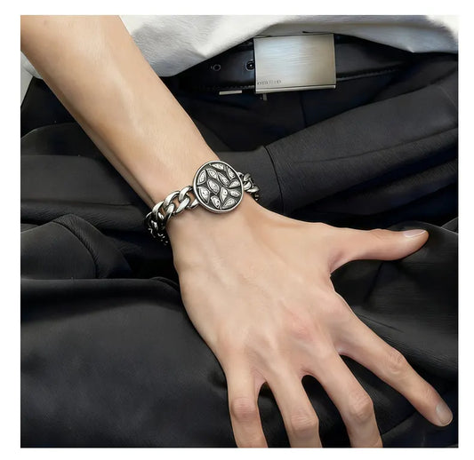 Silver Style 8 Men's Stainless Steel Curb Chain Bracelet - Retro Punk Hip Hop Style with Round Medallion Charm - Durable 26cm Streetwear Jewellery - Image 3