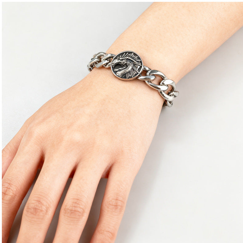 Silver Style 8 Men's Stainless Steel Curb Chain Bracelet - Retro Punk Hip Hop Style with Round Medallion Charm - Durable 26cm Streetwear Jewellery - Image 4