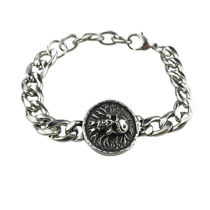Silver Style 9 Men's Stainless Steel Curb Chain Bracelet - Retro Punk Hip Hop Style with Round Medallion Charm - Durable 26cm Streetwear Jewellery