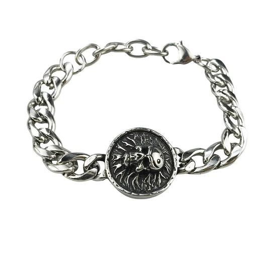 Silver Style 9 Men's Stainless Steel Curb Chain Bracelet - Retro Punk Hip Hop Style with Round Medallion Charm - Durable 26cm Streetwear Jewellery
