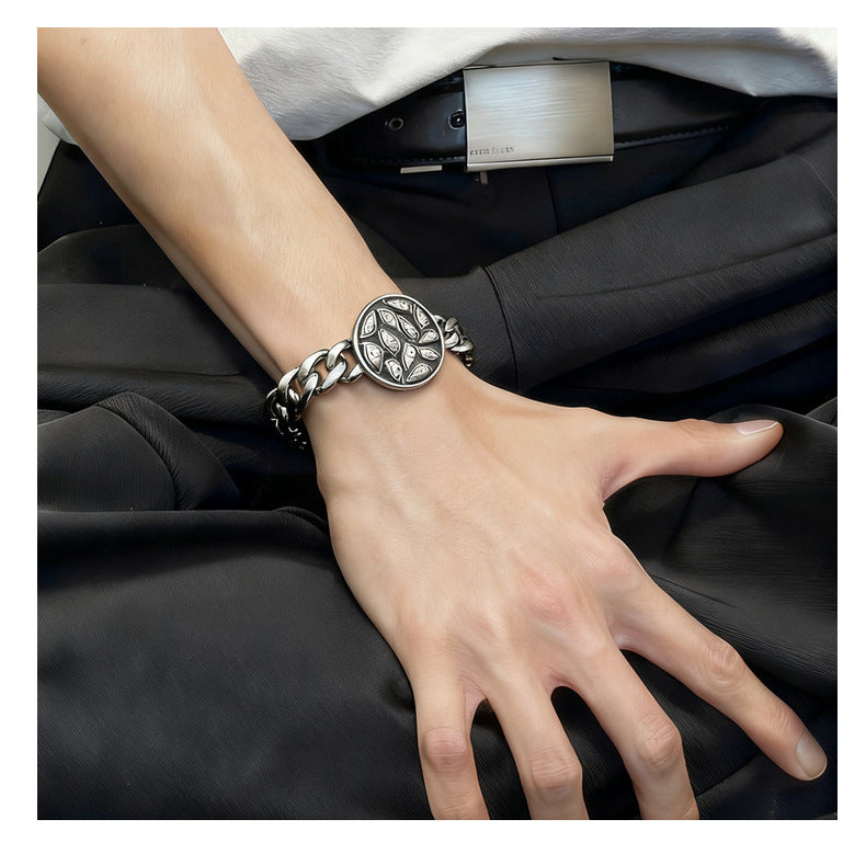 Silver Style 9 Men's Stainless Steel Curb Chain Bracelet - Retro Punk Hip Hop Style with Round Medallion Charm - Durable 26cm Streetwear Jewellery - Image 3