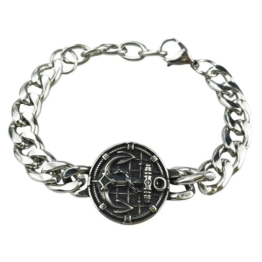 Silver Style 10 Men's Stainless Steel Curb Chain Bracelet - Retro Punk Hip Hop Style with Round Medallion Charm - Durable 26cm Streetwear Jewellery
