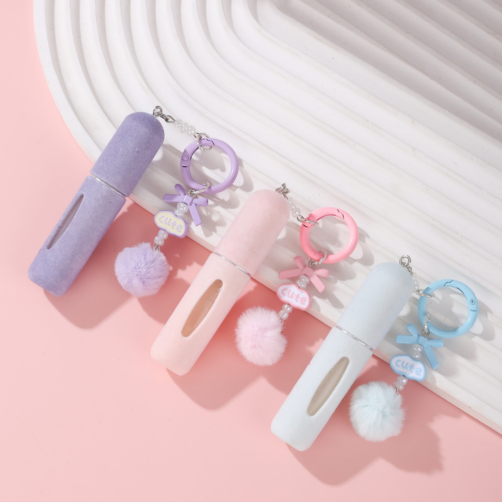 Pink 3 Pack Plush Perfume Atomiser Keychain - 5ml Portable Refillable Spray Bottle with Pom Pom Bag Charm - Image 2