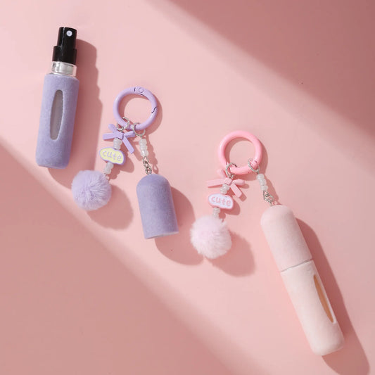 Pink 3 Pack Plush Perfume Atomiser Keychain - 5ml Portable Refillable Spray Bottle with Pom Pom Bag Charm - Image 3