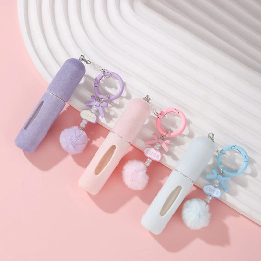 Blue 3 Pack Plush Perfume Atomiser Keychain - 5ml Portable Refillable Spray Bottle with Pom Pom Bag Charm - Image 2