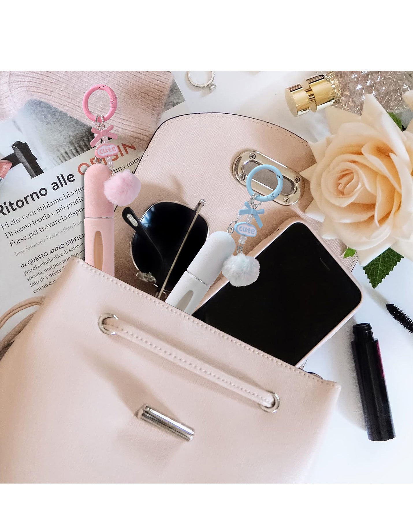 3 Pack Plush Perfume Atomiser Keychain - 5ml Portable Refillable Spray Bottle with Pom Pom Bag Charm Random color - Image 5