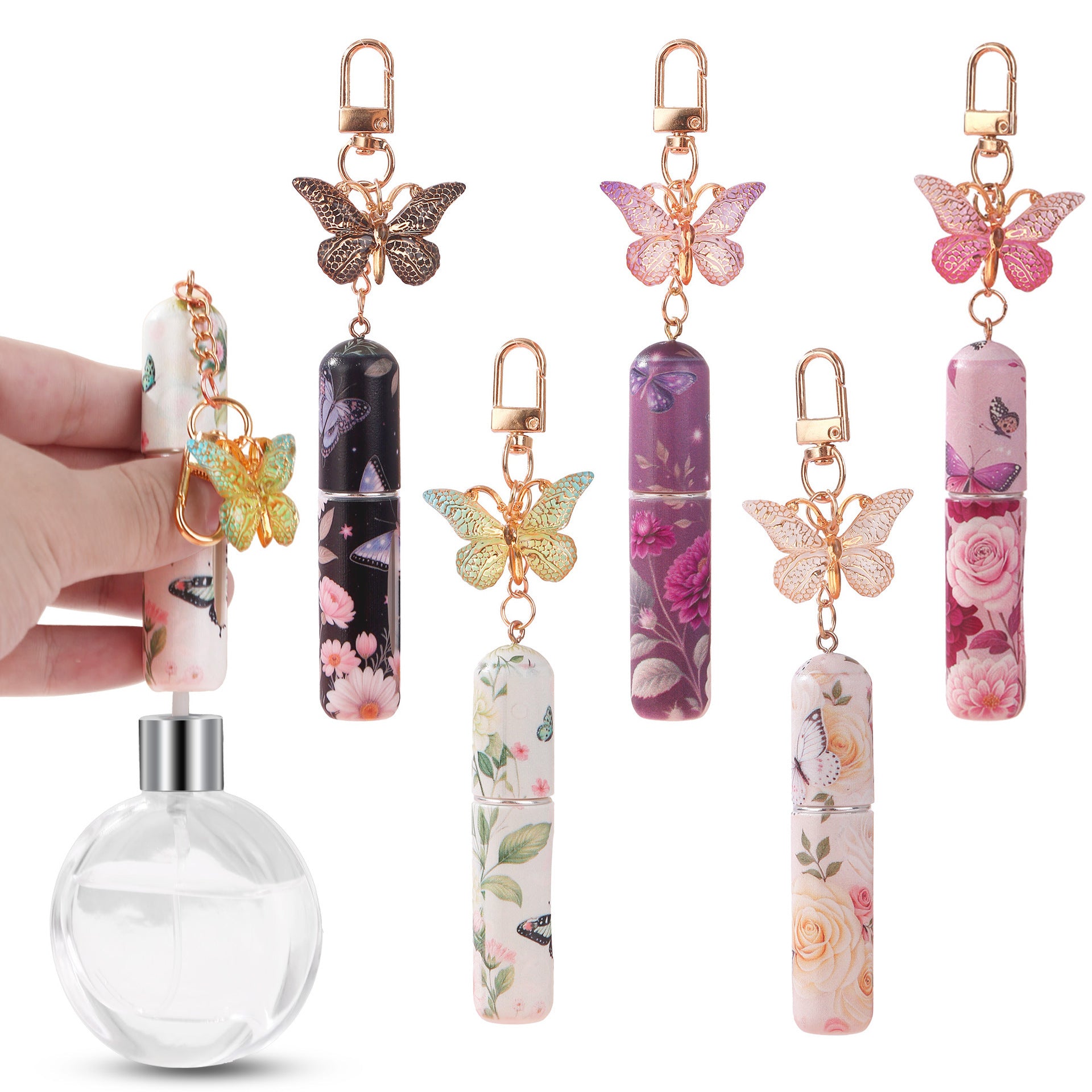 Pink 3 Pcs Portable 5ml Perfume Atomiser Keychain - Refillable Floral Spray Bottle with Butterfly Charm for Travel & Handbag - Image 3