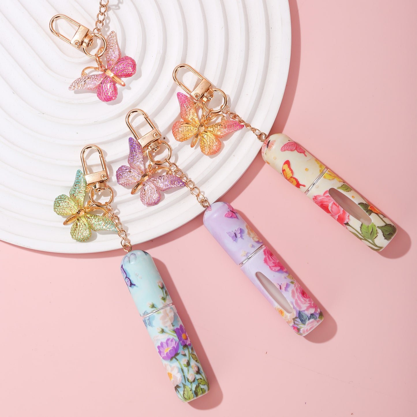 Light Yellow 3 Pcs Portable 5ml Perfume Atomiser Keychain - Refillable Floral Spray Bottle with Butterfly Charm for Travel & Handbag - Image 5
