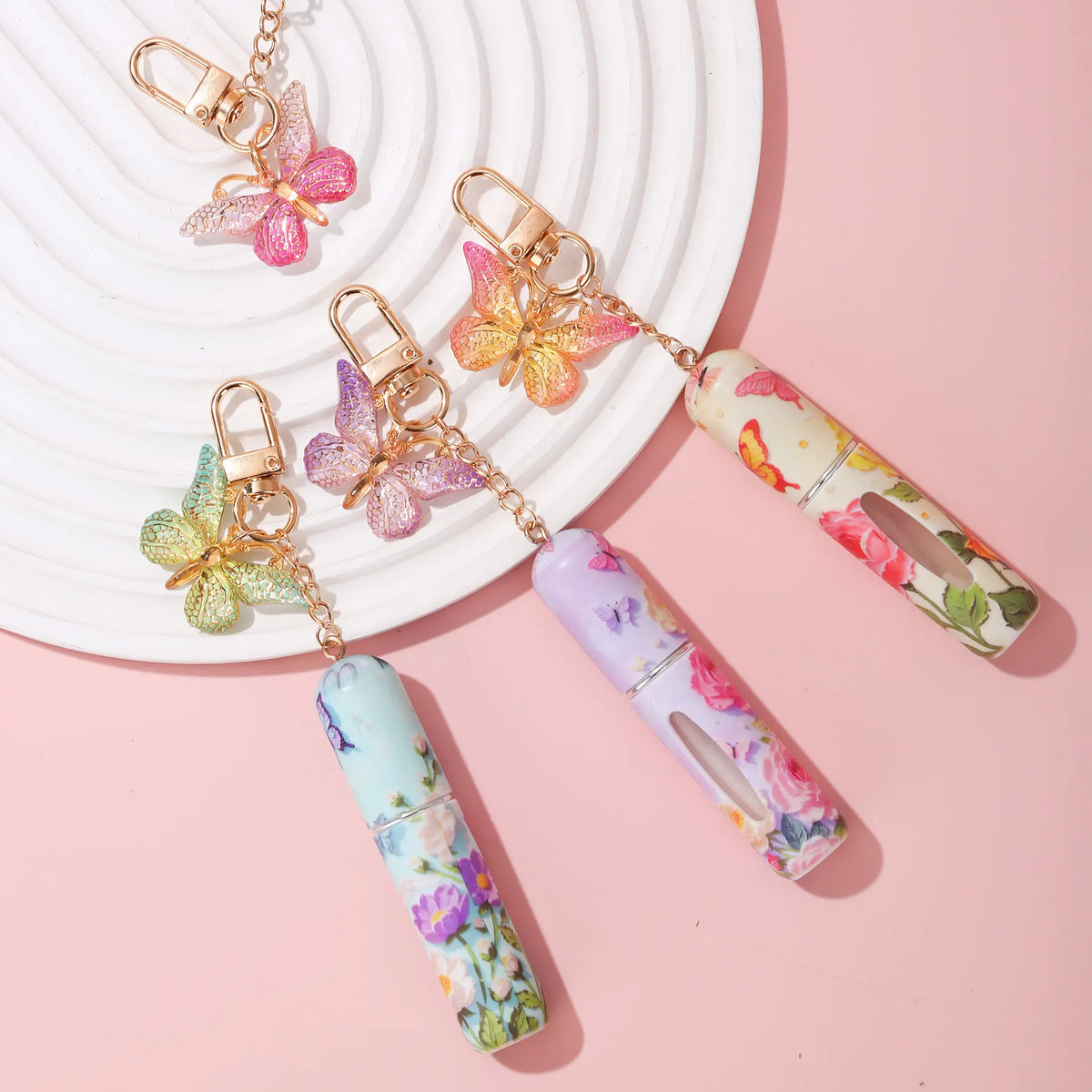 Light Yellow 3 Pcs Portable 5ml Perfume Atomiser Keychain - Refillable Floral Spray Bottle with Butterfly Charm for Travel & Handbag - Image 5