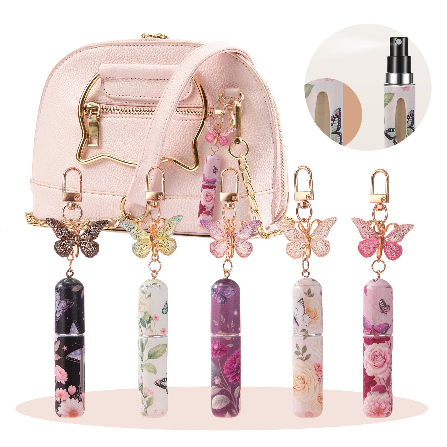 Light Green 3 Pcs Portable 5ml Perfume Atomiser Keychain - Refillable Floral Spray Bottle with Butterfly Charm for Travel & Handbag - Image 2