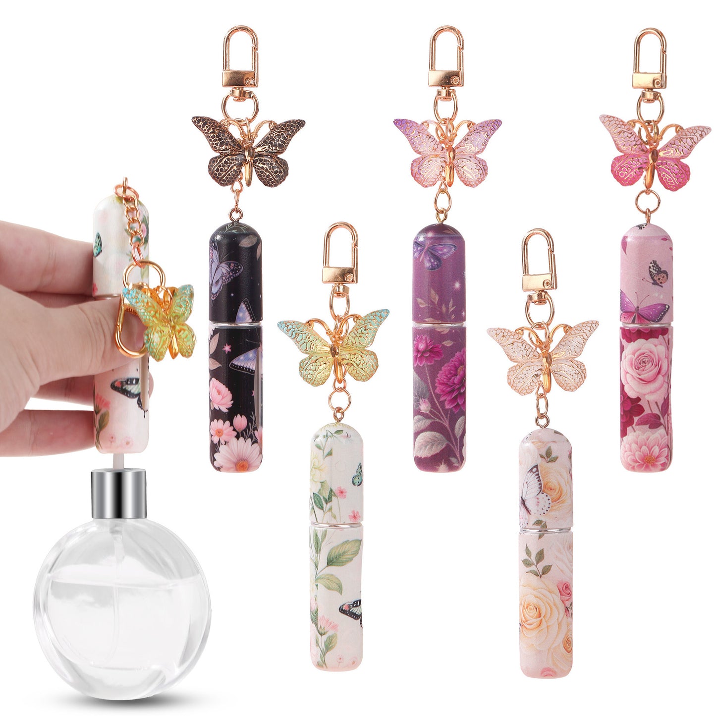 Light Green 3 Pcs Portable 5ml Perfume Atomiser Keychain - Refillable Floral Spray Bottle with Butterfly Charm for Travel & Handbag - Image 3