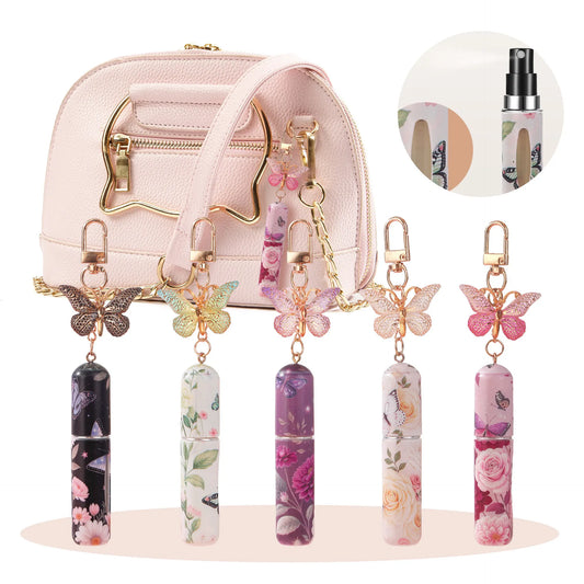 Black 3 Pcs Portable 5ml Perfume Atomiser Keychain - Refillable Floral Spray Bottle with Butterfly Charm for Travel & Handbag - Image 2