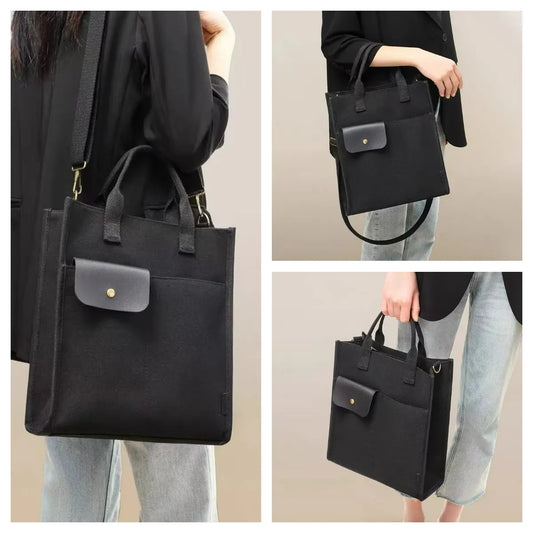 Black Unisex Canvas Tote Bag - Structured Vertical Shoulder Satchel with Front Pocket - Lightweight Crossbody for Work, Uni & Daily Commute - Image 2