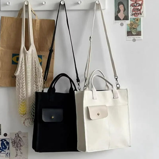White Unisex Canvas Tote Bag - Structured Vertical Shoulder Satchel with Front Pocket - Lightweight Crossbody for Work, Uni & Daily Commute - Image 2