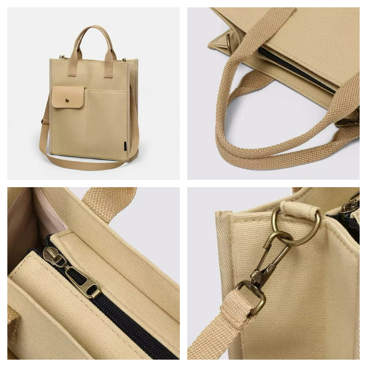 White Unisex Canvas Tote Bag - Structured Vertical Shoulder Satchel with Front Pocket - Lightweight Crossbody for Work, Uni & Daily Commute - Image 5