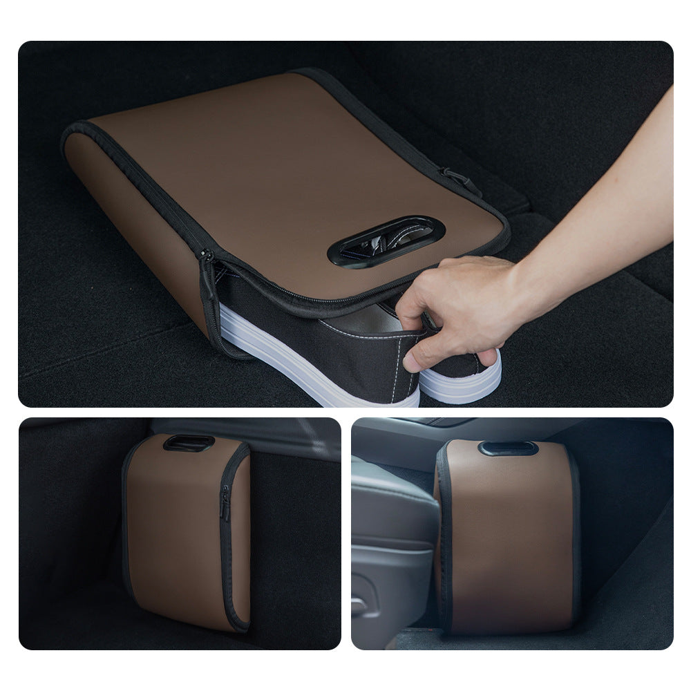 Brown Premium Car Under-Seat Shoe Organiser Box - PVC Leather Storage Case with Anti-Slip Velcro Fixation - Space Saving Vehicle Interior Solution - Image 7