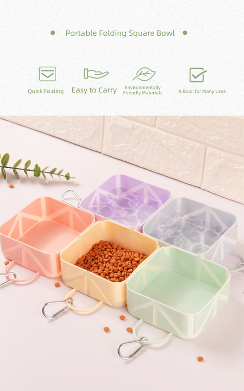 2 Pcs Pink Portable 500ml Collapsible Square Pet Bowl - Silicone Travel Feeder with Carabiner Clip for Dogs & Cats - Lightweight for Camping & Hiking - Image 3