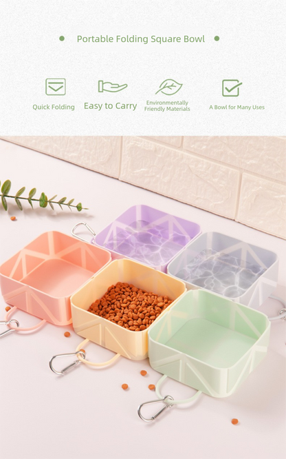 2 Pcs Pink Portable 500ml Collapsible Square Pet Bowl - Silicone Travel Feeder with Carabiner Clip for Dogs & Cats - Lightweight for Camping & Hiking - Image 3