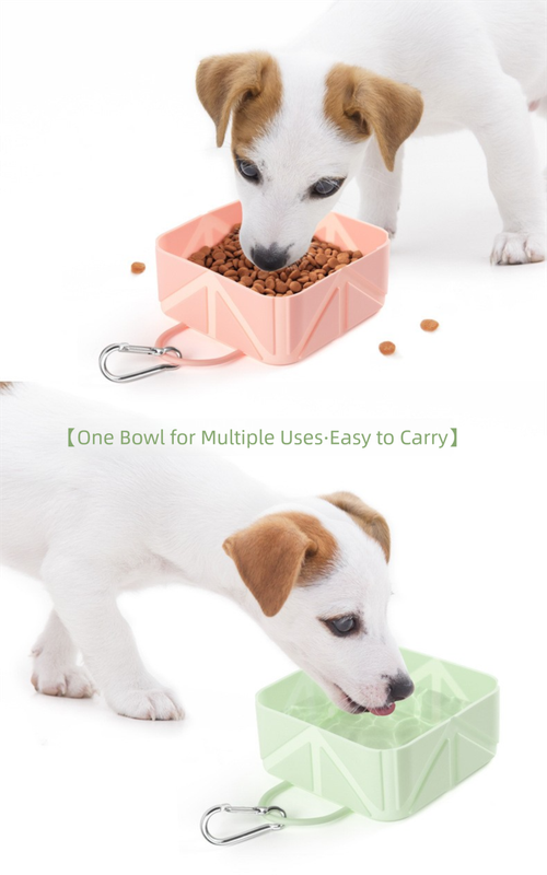2 Pcs Yellow Portable 500ml Collapsible Square Pet Bowl - Silicone Travel Feeder with Carabiner Clip for Dogs & Cats - Lightweight for Camping & Hiking - Image 4