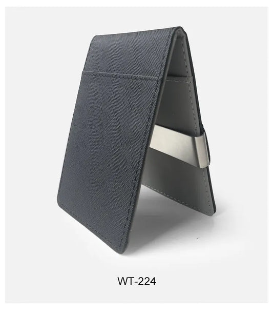Black Men's Slim Bifold Money Clip Wallet - Saffiano Texture PU Leather with Stainless Steel Cash Clamp - Minimalist Front Pocket Card Holder