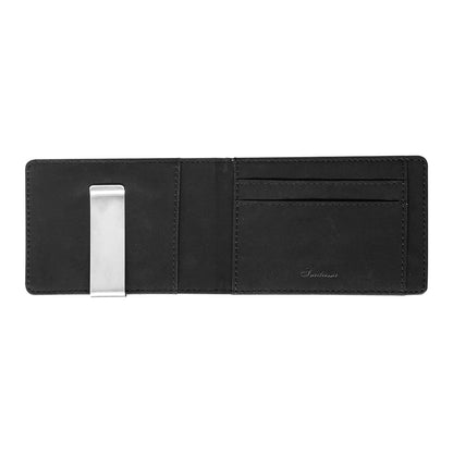 Black Men's Slim Bifold Money Clip Wallet - Saffiano Texture PU Leather with Stainless Steel Cash Clamp - Minimalist Front Pocket Card Holder - Image 2