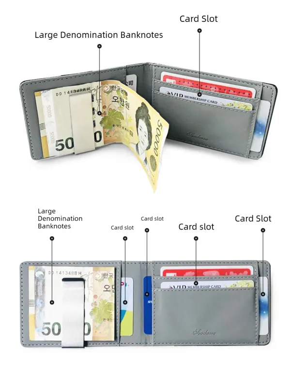 Black Men's Slim Bifold Money Clip Wallet - Saffiano Texture PU Leather with Stainless Steel Cash Clamp - Minimalist Front Pocket Card Holder - Image 6
