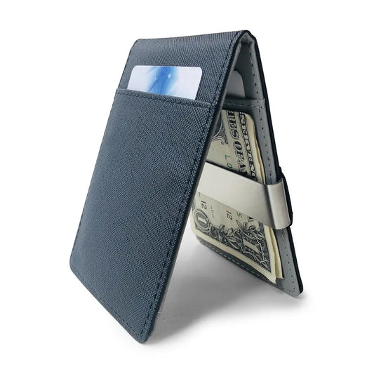 Grey Men's Slim Bifold Money Clip Wallet - Saffiano Texture PU Leather with Stainless Steel Cash Clamp - Minimalist Front Pocket Card Holder - Image 3