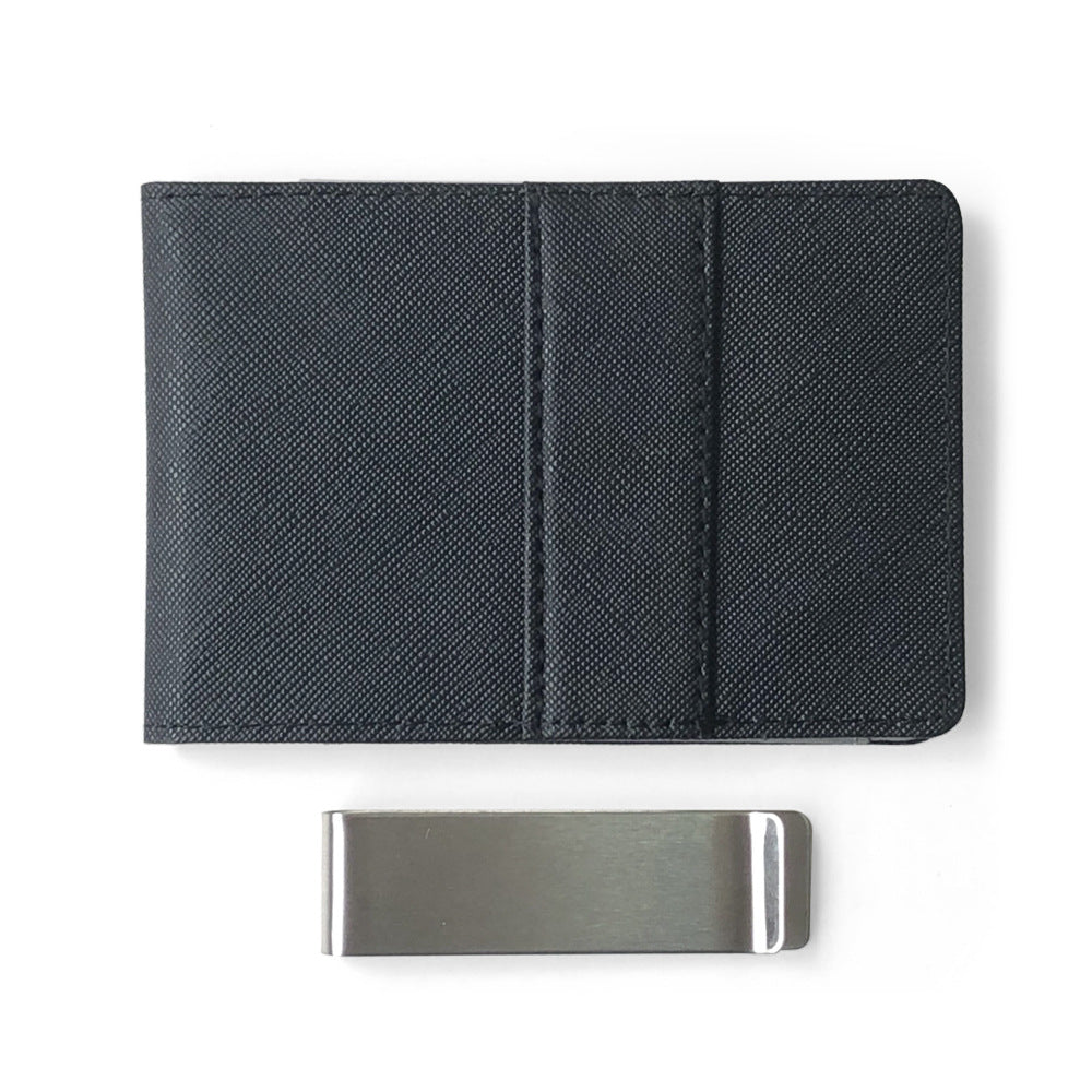 Grey Men's Slim Bifold Money Clip Wallet - Saffiano Texture PU Leather with Stainless Steel Cash Clamp - Minimalist Front Pocket Card Holder - Image 4