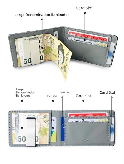 Grey Men's Slim Bifold Money Clip Wallet - Saffiano Texture PU Leather with Stainless Steel Cash Clamp - Minimalist Front Pocket Card Holder - Image 5