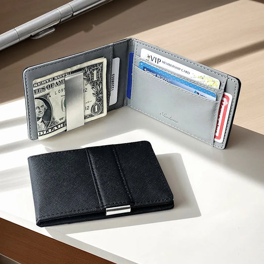 Blue Men's Slim Bifold Money Clip Wallet - Saffiano Texture PU Leather with Stainless Steel Cash Clamp - Minimalist Front Pocket Card Holder - Image 2
