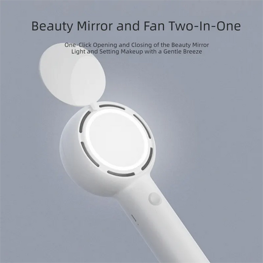 White 2-in-1 Handheld Fan with LED Makeup Mirror - Portable USB Rechargeable Beauty Light Fan with Desktop Base - 3 Speed Quiet Airflow for Travel & Summer