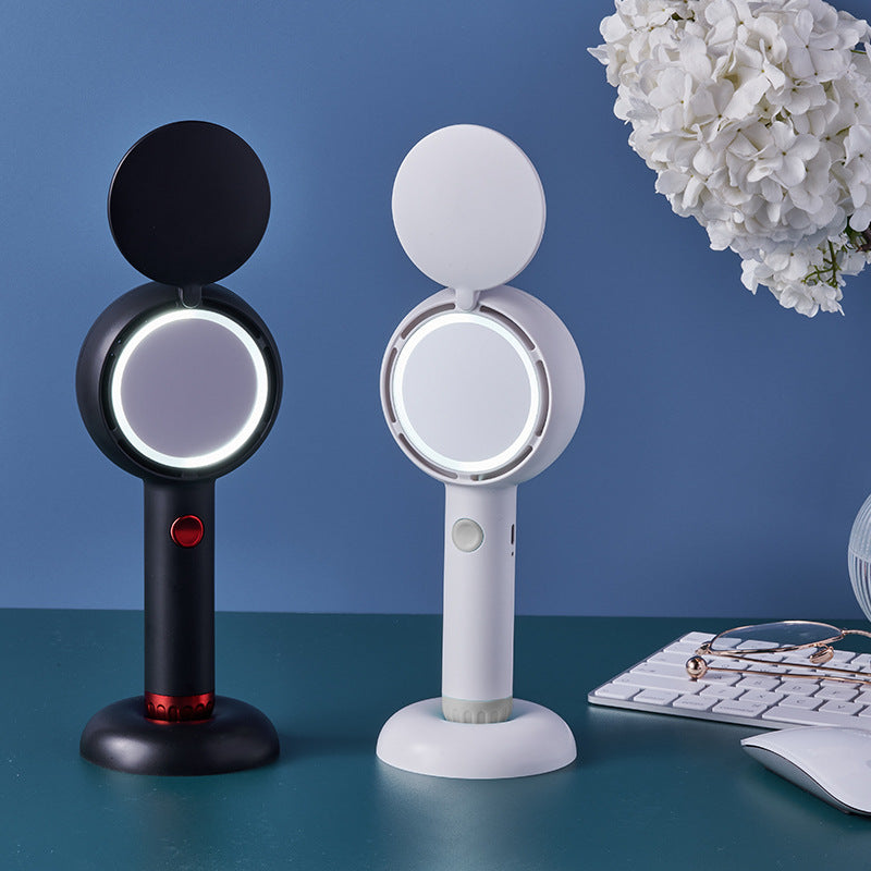 White 2-in-1 Handheld Fan with LED Makeup Mirror - Portable USB Rechargeable Beauty Light Fan with Desktop Base - 3 Speed Quiet Airflow for Travel & Summer - Image 6
