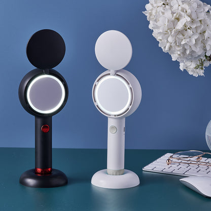 White 2-in-1 Handheld Fan with LED Makeup Mirror - Portable USB Rechargeable Beauty Light Fan with Desktop Base - 3 Speed Quiet Airflow for Travel & Summer - Image 6