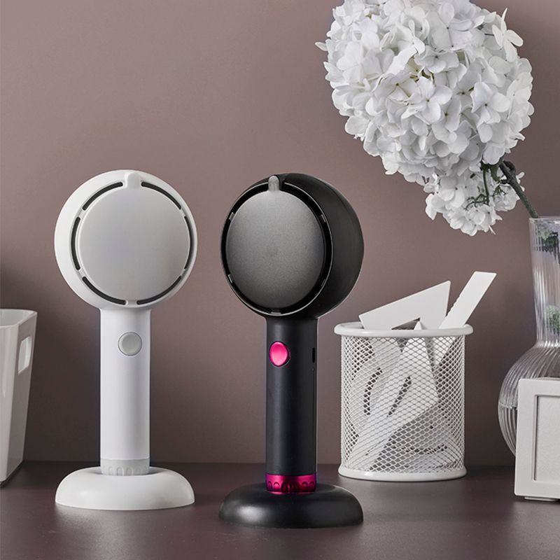 White 2-in-1 Handheld Fan with LED Makeup Mirror - Portable USB Rechargeable Beauty Light Fan with Desktop Base - 3 Speed Quiet Airflow for Travel & Summer - Image 7