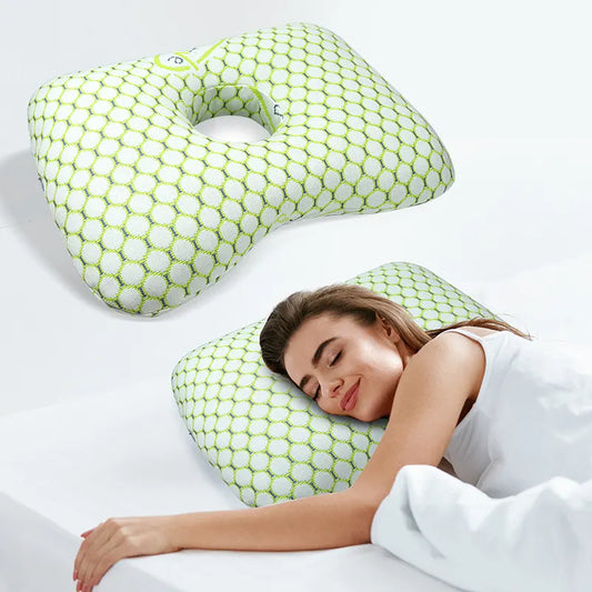 Grey Ergonomic Ear Pillow with Hole for Side Sleepers - Pressure Relief Cushion for Ear Pain, Piercings & CNH - Washable Cover - Image 4