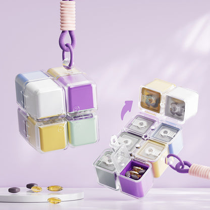 White Portable Magnetic Cube Pill Organiser - 8 Compartment Weekly Medicine Travel Case with Lanyard - Detachable Washable PP+PC Storage - Image 3