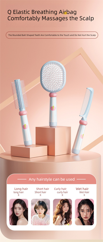 Pink 3-Piece Aesthetic Hair Brush Set - Detangling Air Cushion & Volumising Roller Comb with Hidden Cleaning Claw - Scalp Massage Styling Kit - Image 6