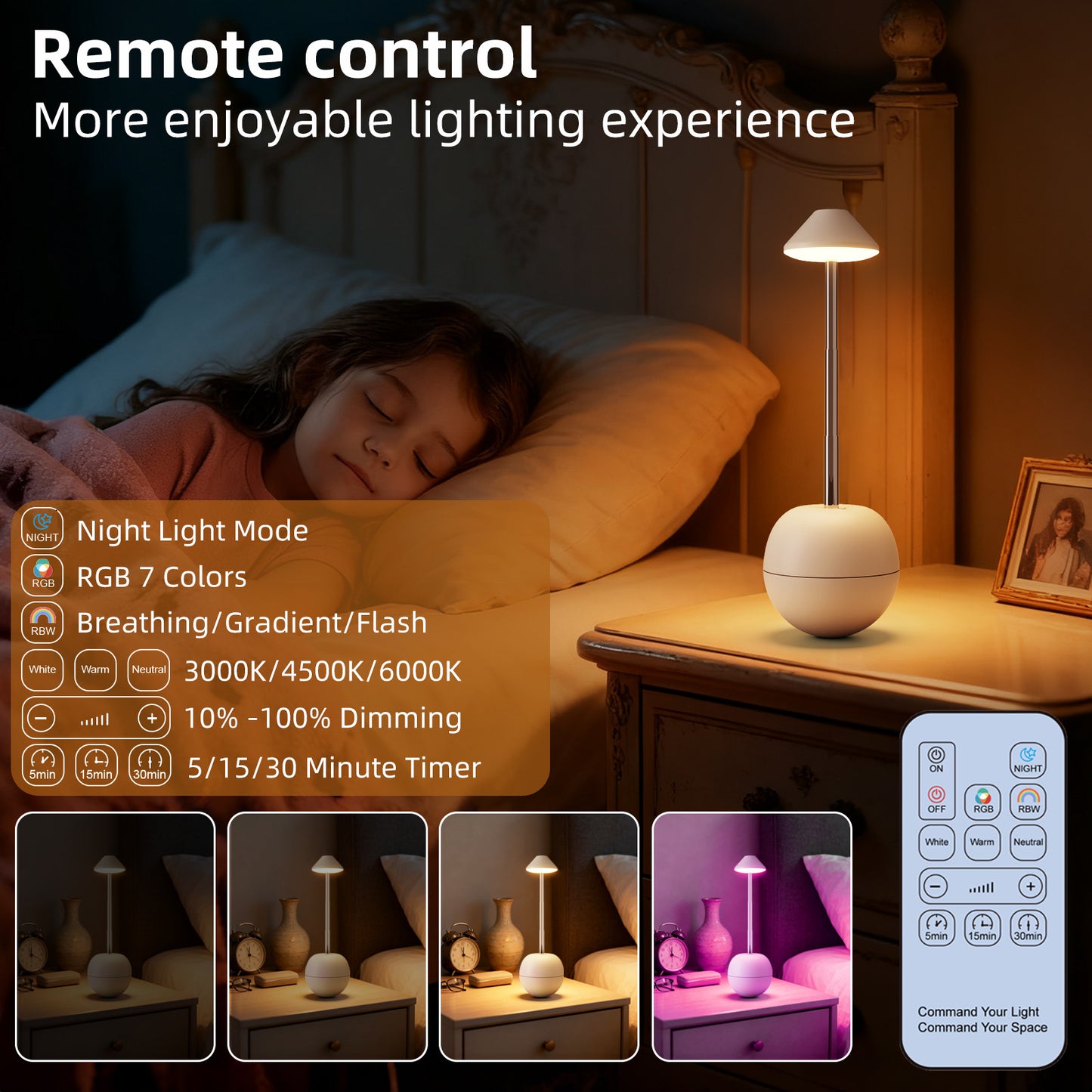 Black Creative Tumbler LED Night Light - Rechargeable RGB Desk Lamp with Remote Control - Height Adjustable, Brightness Adjustable, Bedside Ambient Light - Image 5