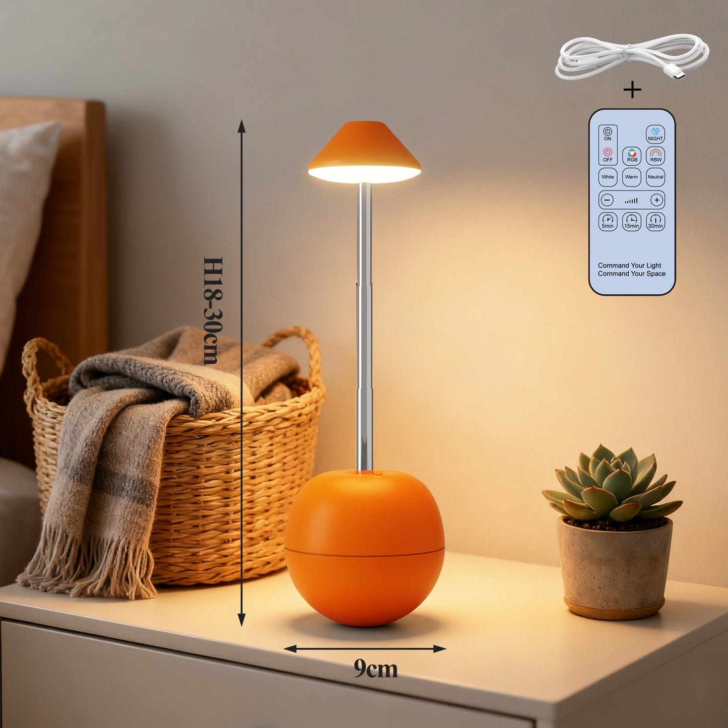 Orange Creative Tumbler LED Night Light - Rechargeable RGB Desk Lamp with Remote Control - Height Adjustable, Brightness Adjustable, Bedside Ambient Light - Image 2
