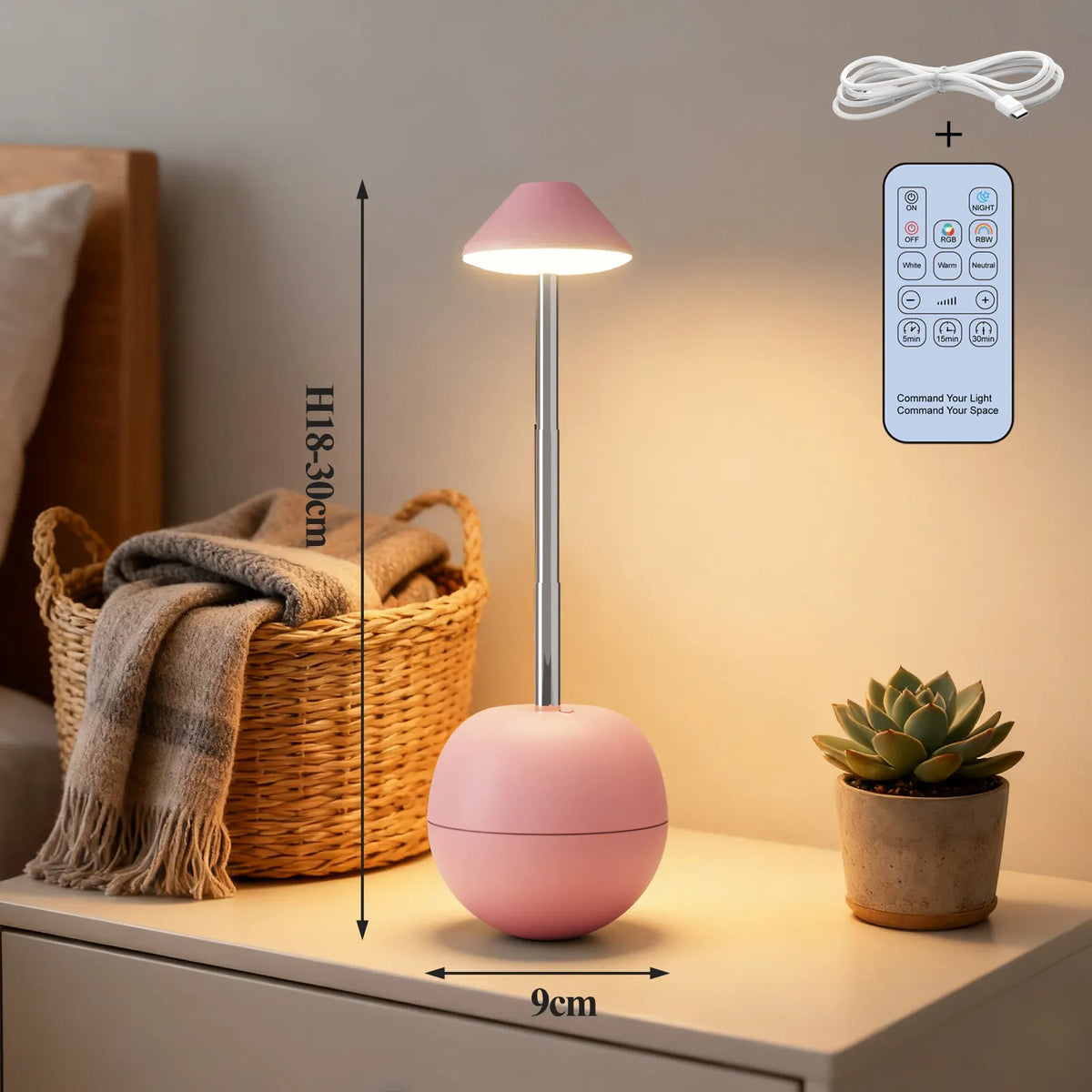 Pink Creative Tumbler LED Night Light - Rechargeable RGB Desk Lamp with Remote Control - Height Adjustable, Brightness Adjustable, Bedside Ambient Light - Image 2