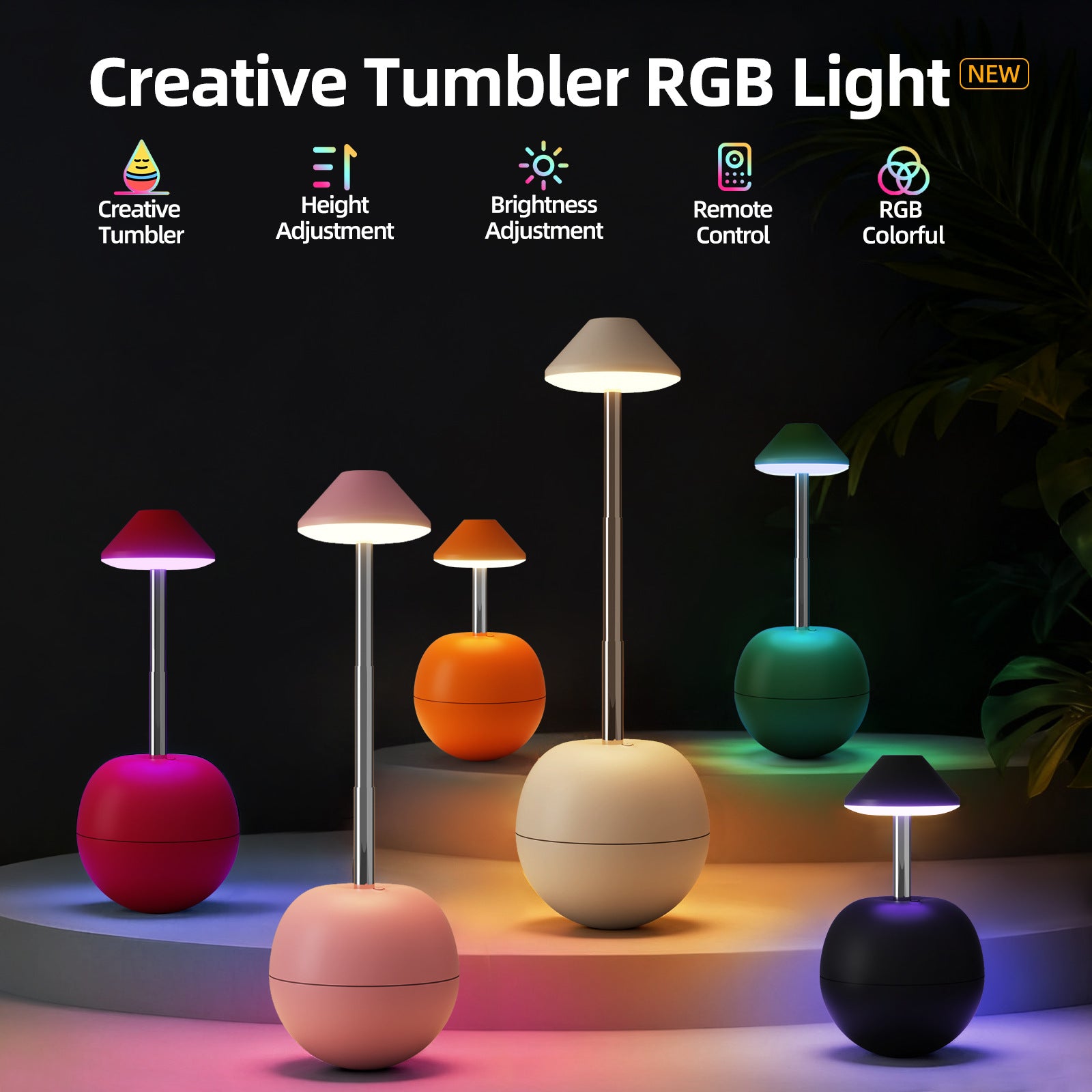 Pink Creative Tumbler LED Night Light - Rechargeable RGB Desk Lamp with Remote Control - Height Adjustable, Brightness Adjustable, Bedside Ambient Light - Image 3