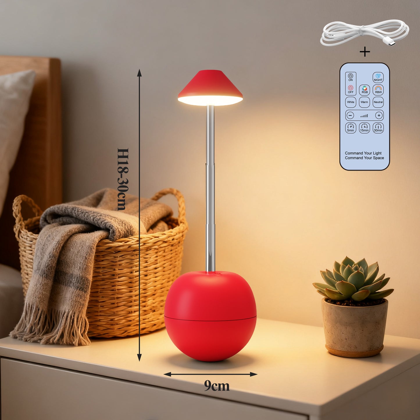Red Creative Tumbler LED Night Light - Rechargeable RGB Desk Lamp with Remote Control - Height Adjustable, Brightness Adjustable, Bedside Ambient Light - Image 2