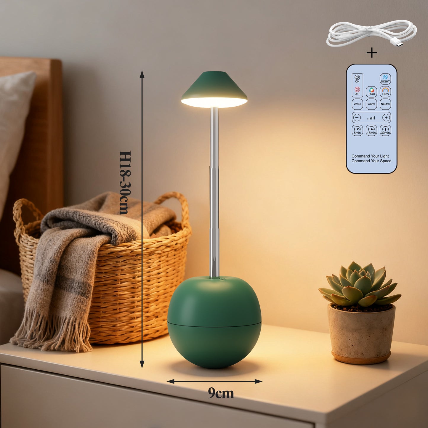Green Creative Tumbler LED Night Light - Rechargeable RGB Desk Lamp with Remote Control - Height Adjustable, Brightness Adjustable, Bedside Ambient Light - Image 2