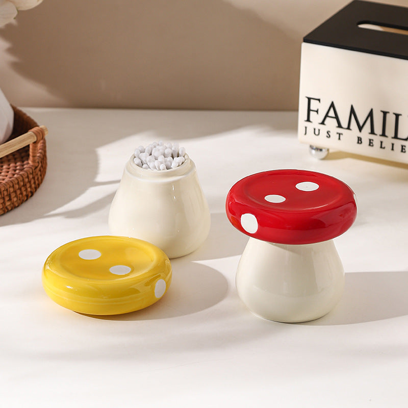 Yellow Stylish Mushroom Ceramic Toothpick Holder and Cotton Swab Jar for Home Kitchen Table Decor(Excluding cotton swabs, dental floss, etc.) - Image 2