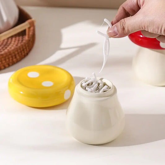 Yellow Stylish Mushroom Ceramic Toothpick Holder and Cotton Swab Jar for Home Kitchen Table Decor(Excluding cotton swabs, dental floss, etc.) - Image 5
