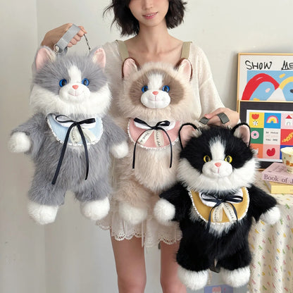 Grey Adorable Plush Cat Backpack - Soft Furry Doll Bag with Zipper Compartment for Girls and Women - Image 2