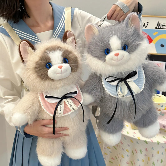Black Adorable Plush Cat Backpack - Soft Furry Doll Bag with Zipper Compartment for Girls and Women - Image 3