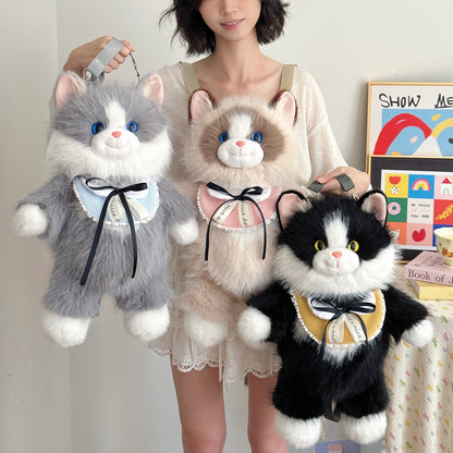 Brown Adorable Plush Cat Backpack - Soft Furry Doll Bag with Zipper Compartment for Girls and Women - Image 2