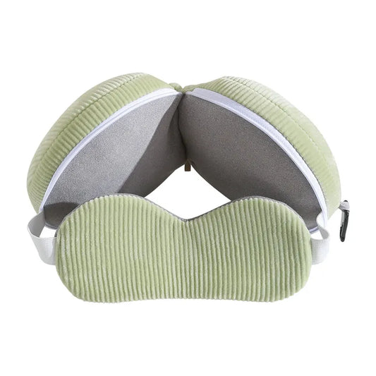 Beige and Grey 3-in-1 Foldable Sleep Eye Mask with Neck Pillow - Compact Travel Pillow for Airplane, Office Naps and Restful Sleep - Image 3