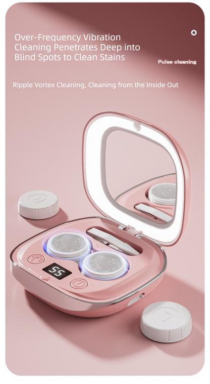 Pink Portable Sonic Wave Contact Lens Cleaner with LED Makeup Mirror - Automatic Electric Lens Cleaning Case for Daily Use - Image 2
